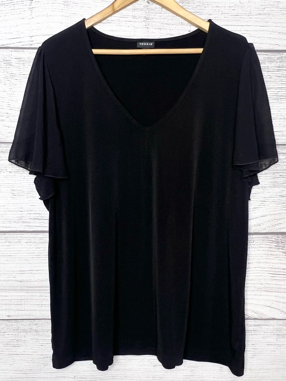 Torrid Black V-Neck Sheer Flutter Sleeve Blouse Top Size 2X